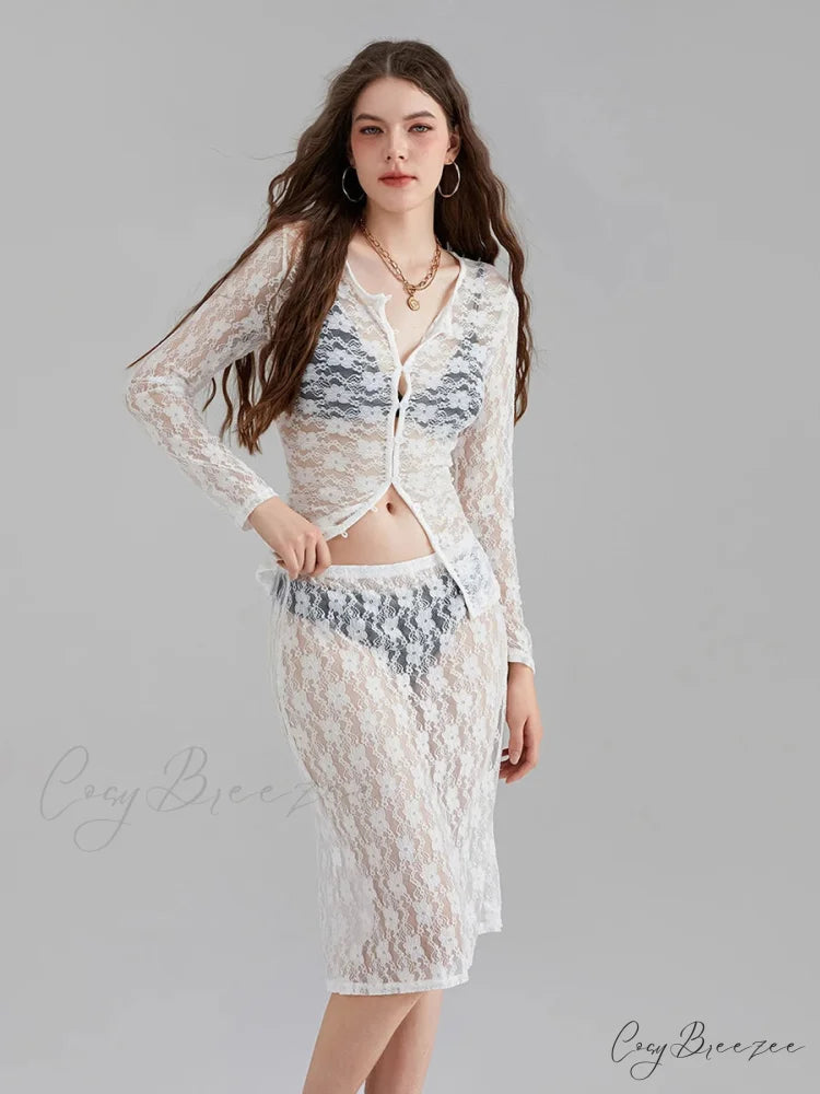 White Lace Mesh Long Sleeve Button-Down Skirt Set floraldress-250126
