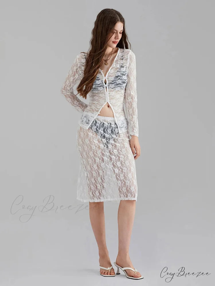 White Lace Mesh Long Sleeve Button-Down Skirt Set floraldress-250126