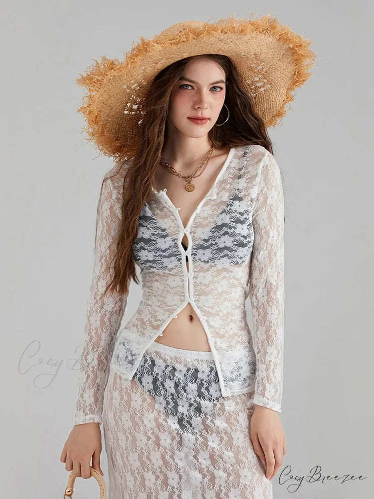 White Lace Mesh Long Sleeve Button-Down Skirt Set floraldress-250126
