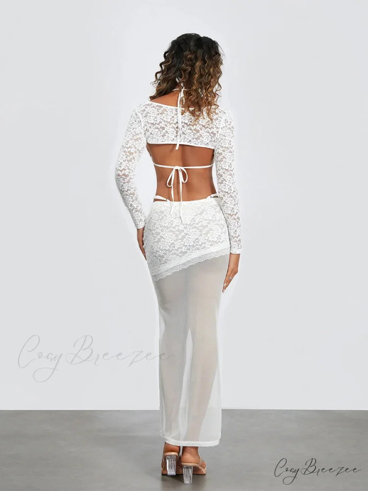 White Lace Patchwork Cropped Shrug Skirt Set floraldress-250126