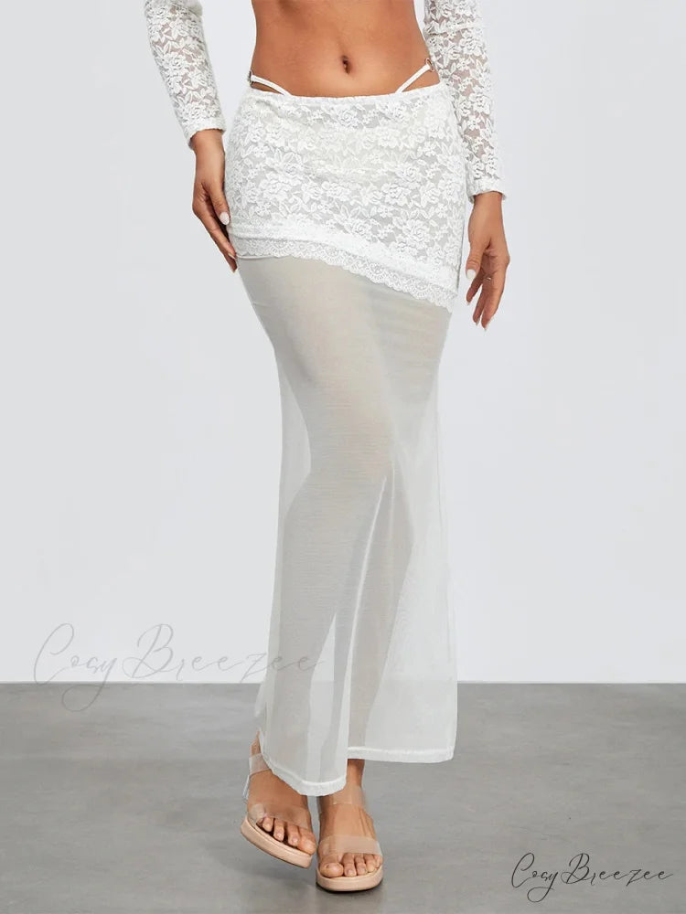 White Lace Patchwork Cropped Shrug Skirt Set floraldress-250126