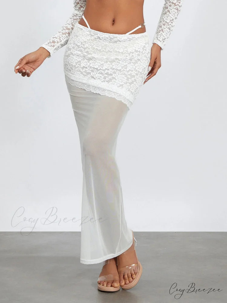 White Lace Patchwork Cropped Shrug Skirt Set WHITE2 / S floraldress-250126