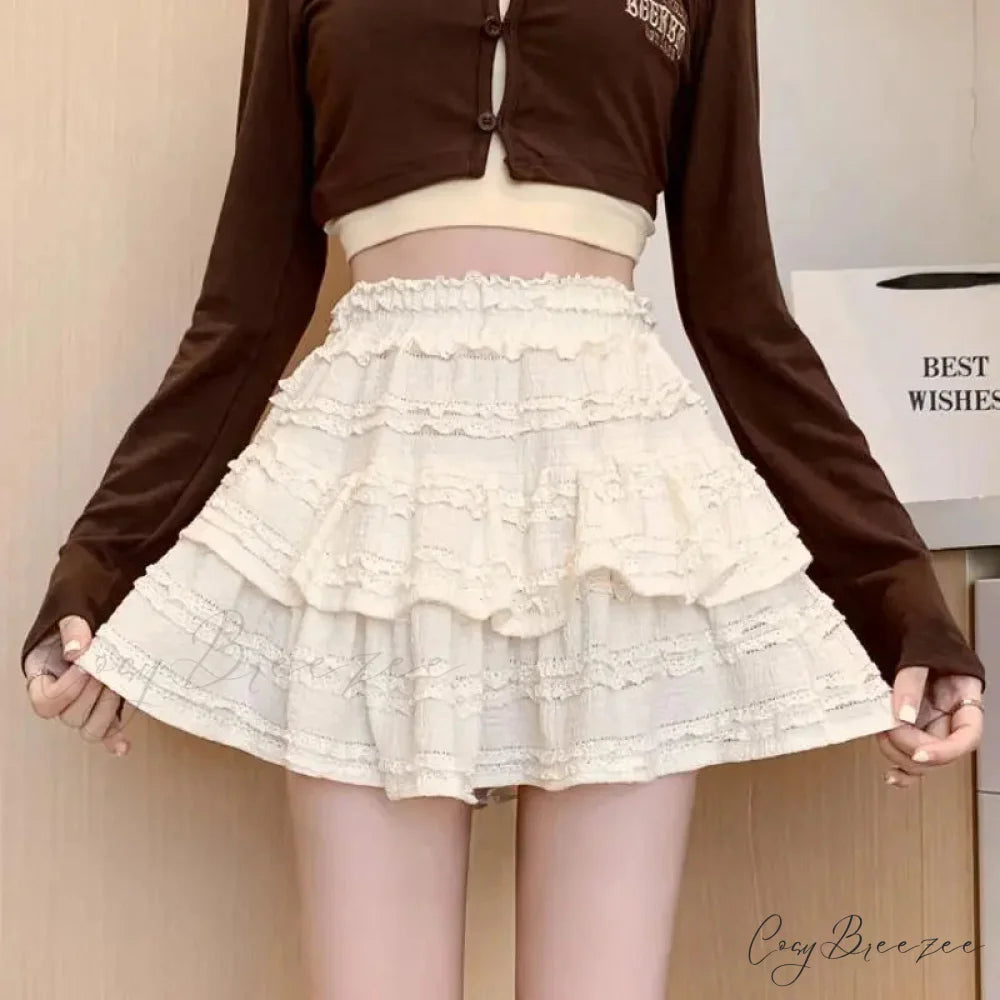 White Lace Spring Layered Skirt apricot / S skirts-250223