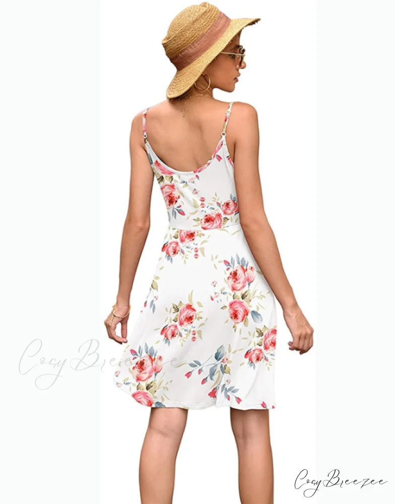White Ladies Fashion Print V-Neck Strap Backless Satin Dress M / WHITE