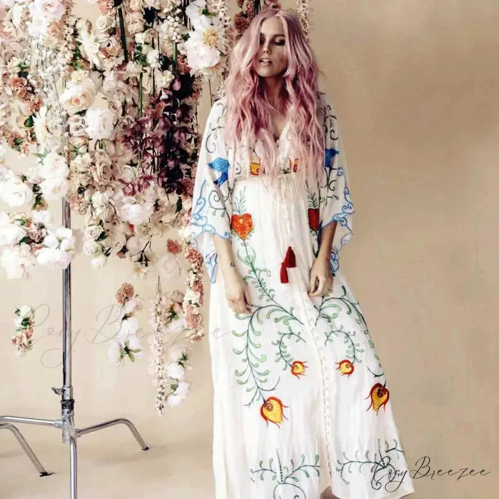 White Maxi Dress Cotton Floral Embroidery Sexy V-neck Beach Dress bohodress-250126