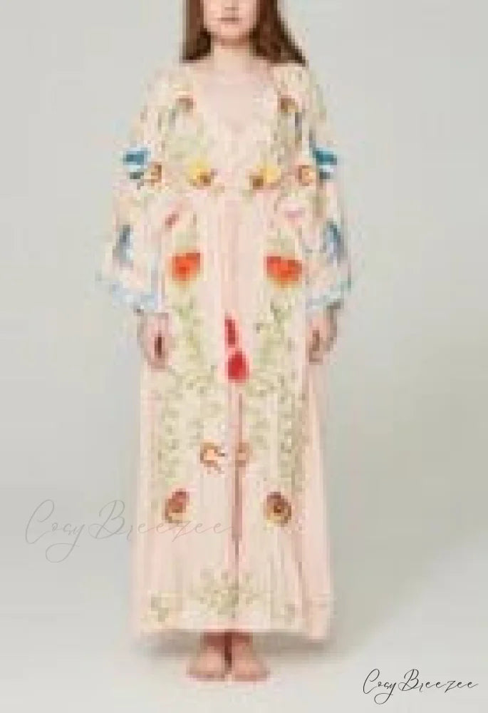 White Maxi Dress Cotton Floral Embroidery Sexy V-neck Beach Dress Pink / S bohodress-250126