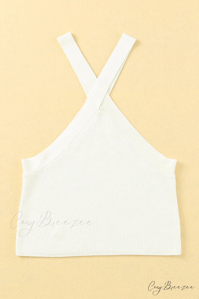 White Neck Knit Ribbed Halter Tank Cross Criss Top