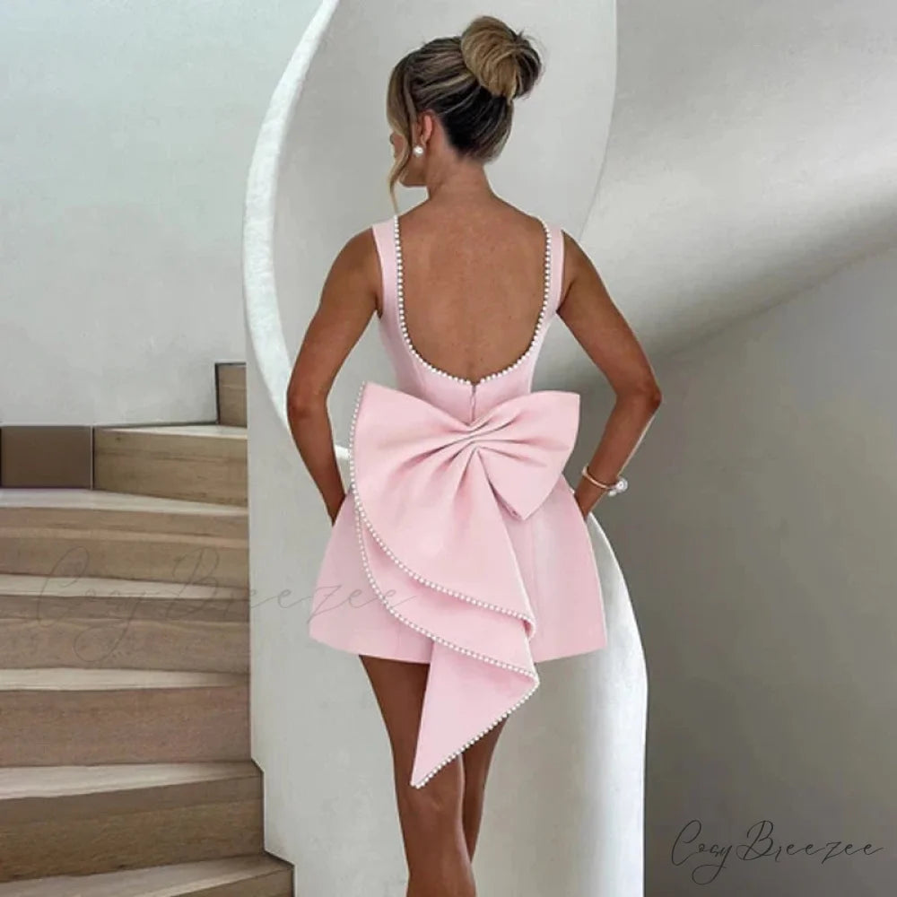 White Pearl Backless Party Dress Pink3 / XS