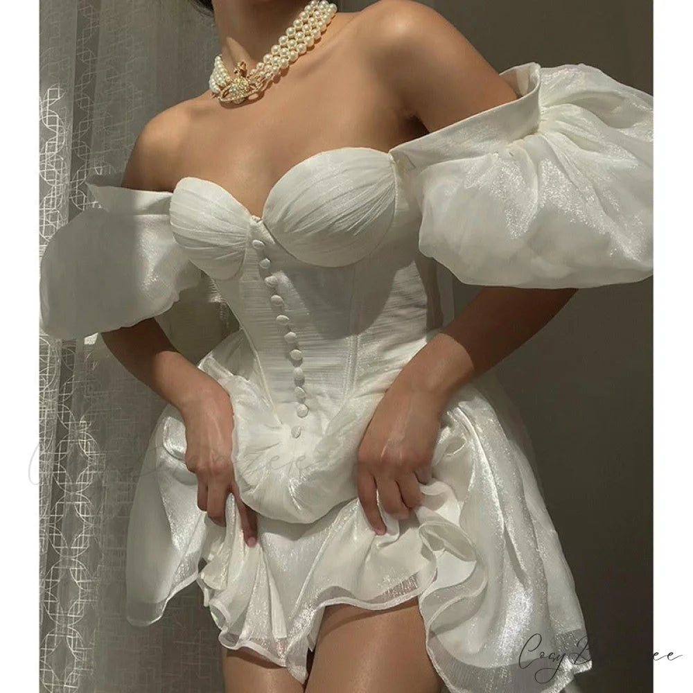 White Summer Dress with Puff Sleeves L / Black