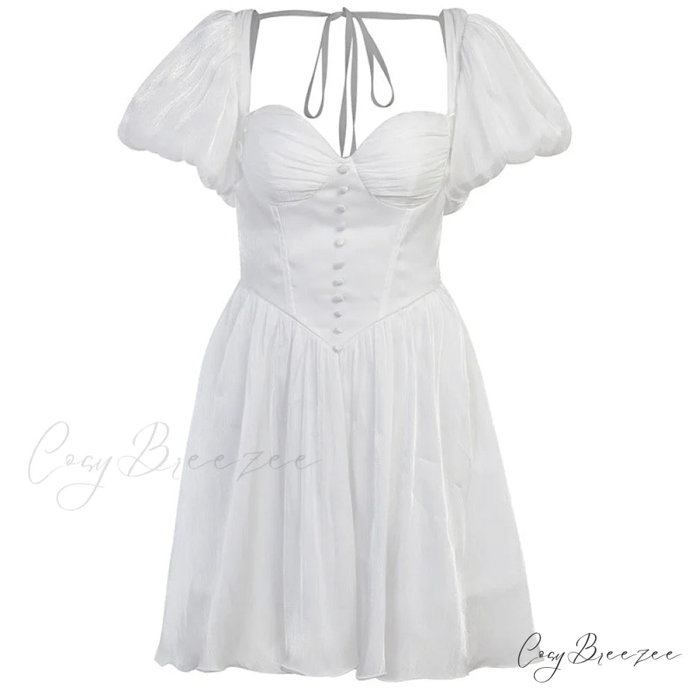 White Summer Dress with Puff Sleeves M / Black
