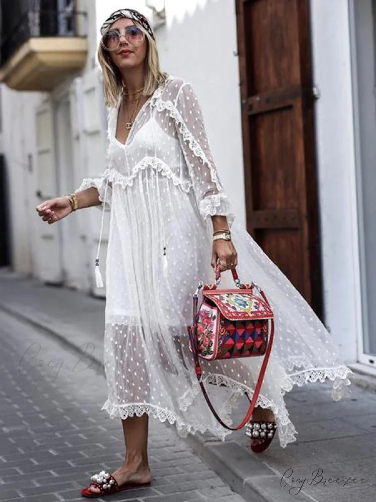 White V-neck Maxi Dress with Long Sleeves