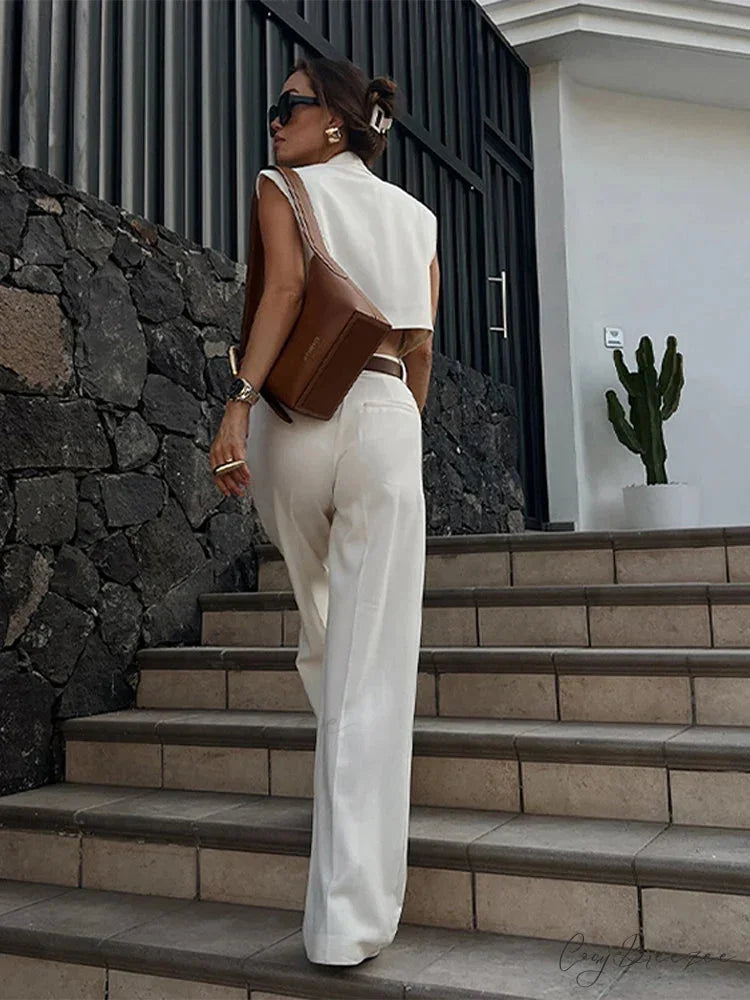 White V-neck Sleeveless Wide Leg Office Set officetwopieceset-250223