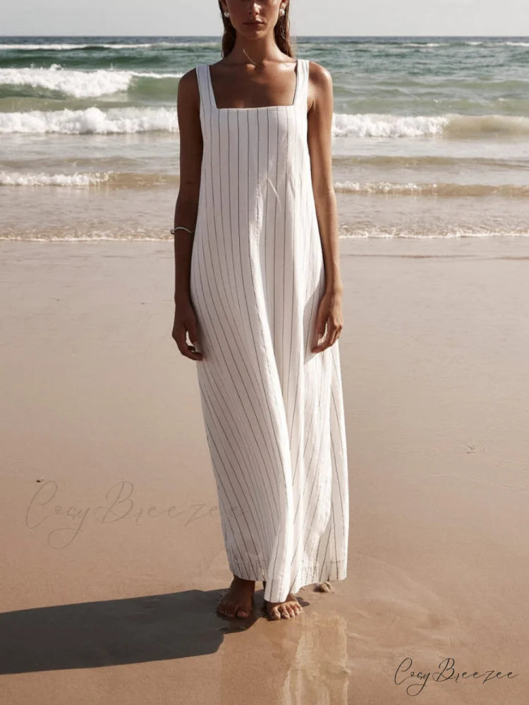 White With Charcoal Charming Pinstripe Maxi Dress White / M