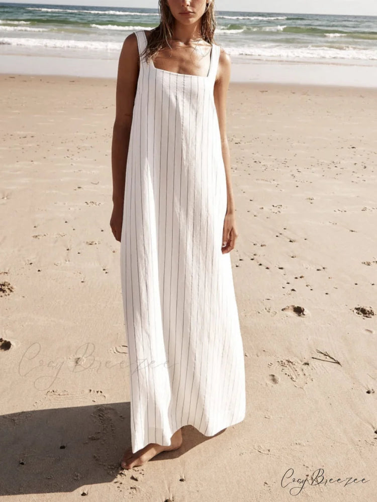 White With Charcoal Charming Pinstripe Maxi Dress White / S