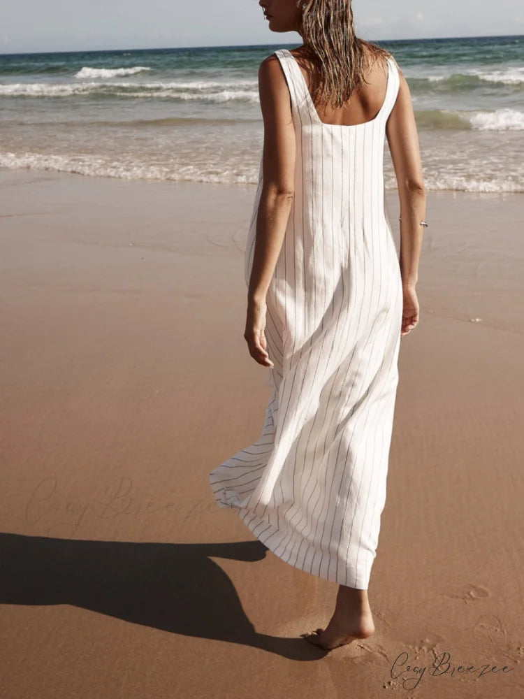 White With Charcoal Charming Pinstripe Maxi Dress White / XL