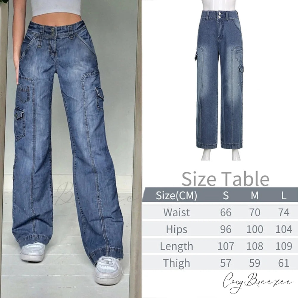 Wide Leg Oversize Y2K Patterned Baggy Winter Cargo Casual Jeans Low Autumn Waist Women’s Trousers Blue-02 / S