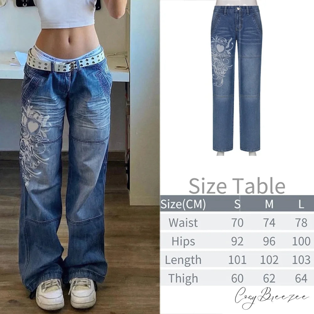 Wide Leg Oversize Y2K Patterned Baggy Winter Cargo Casual Jeans Low Autumn Waist Women’s Trousers Blue / S