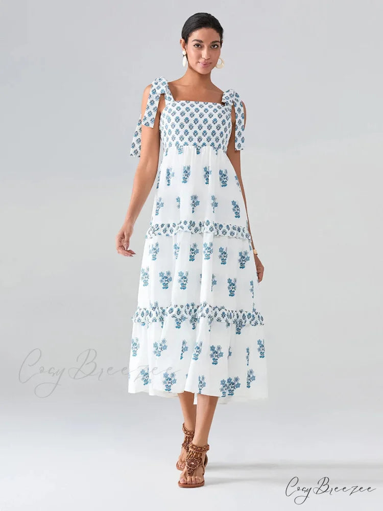 Wide Straps Flowy Floral Bohemian Beach Frill Trim Square Neck A-Line Dress Blue / S floraldress-250126