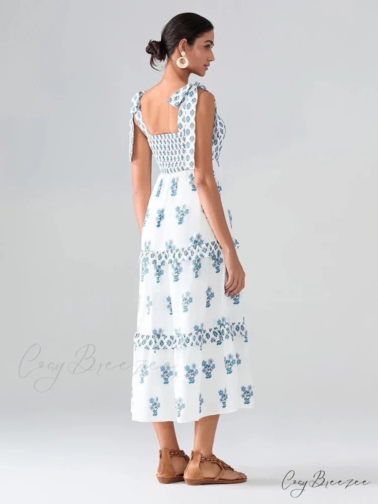 Wide Straps Flowy Floral Bohemian Beach Frill Trim Square Neck A-Line Dress floraldress-250126