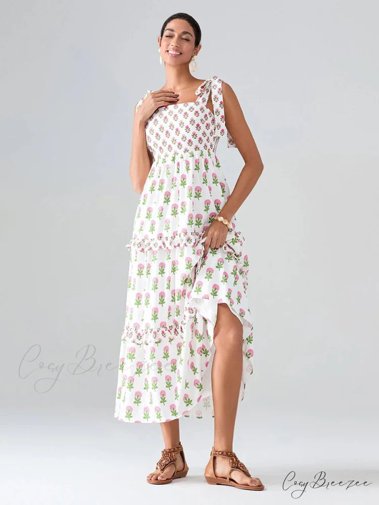 Wide Straps Flowy Floral Bohemian Beach Frill Trim Square Neck A-Line Dress floraldress-250126