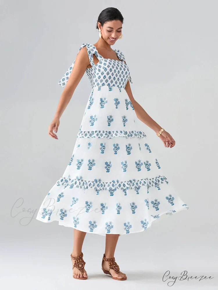 Wide Straps Flowy Floral Bohemian Beach Frill Trim Square Neck A-Line Dress floraldress-250126
