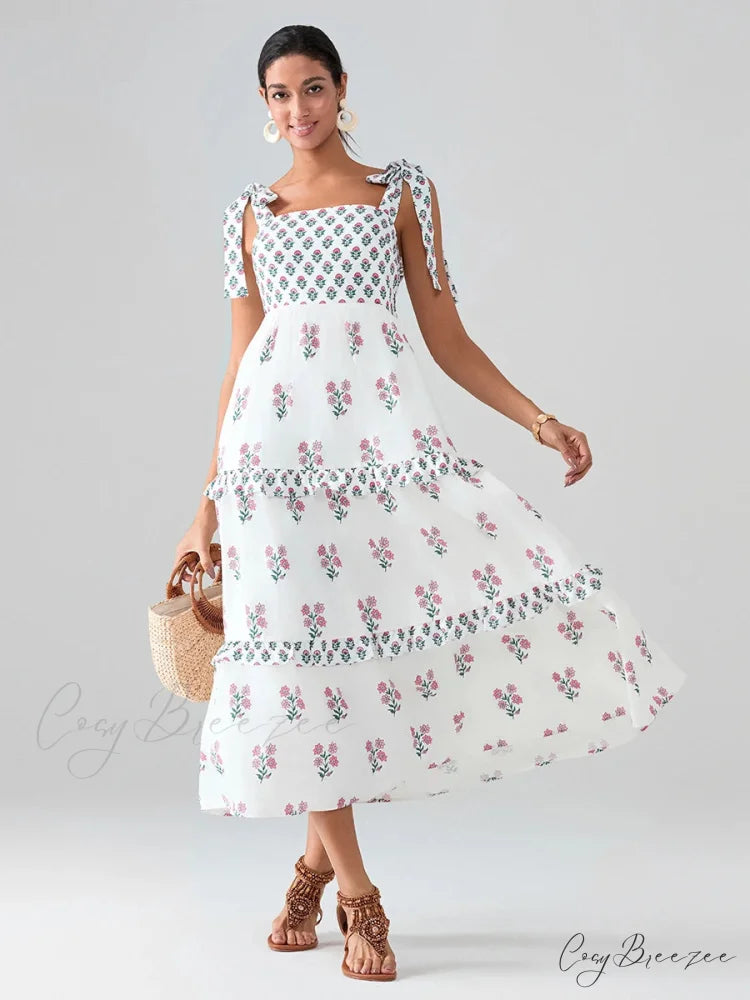 Wide Straps Flowy Floral Bohemian Beach Frill Trim Square Neck A-Line Dress Pink / S floraldress-250126