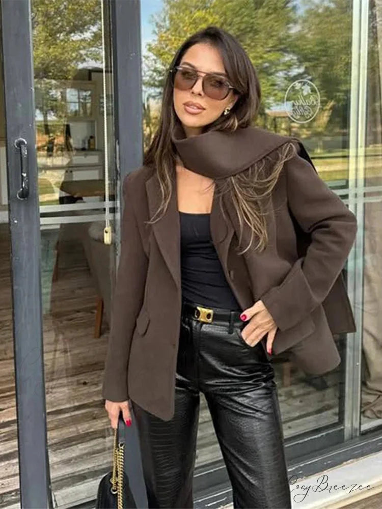 Wine Red Lapel Scarf Coat coffe / S