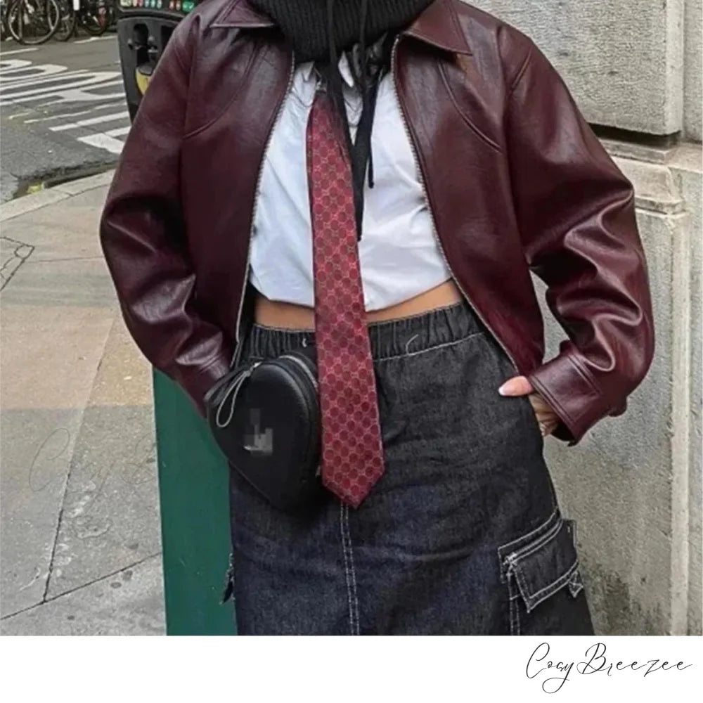 Wine Red PU Leather Coat