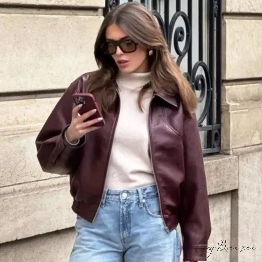 Wine Red PU Leather Coat Burgundy / S