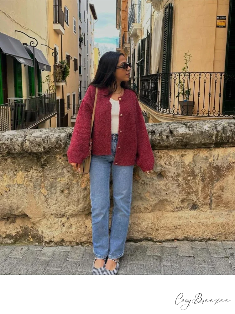 Wine Red Round Neck Button Cardigan cardigans-241228