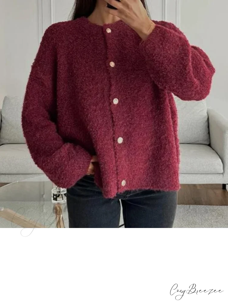 Wine Red Round Neck Button Cardigan cardigans-241228