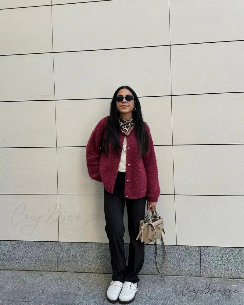 Wine Red Round Neck Button Cardigan Red / S cardigans-241228
