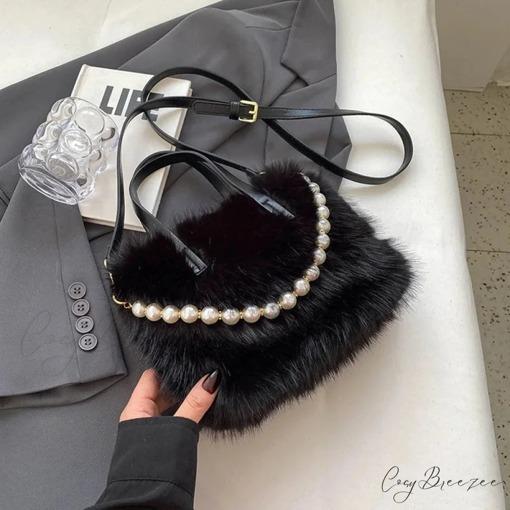 Winter Faux Fur Crossbody Pearl Decor Handbag handbag-250126