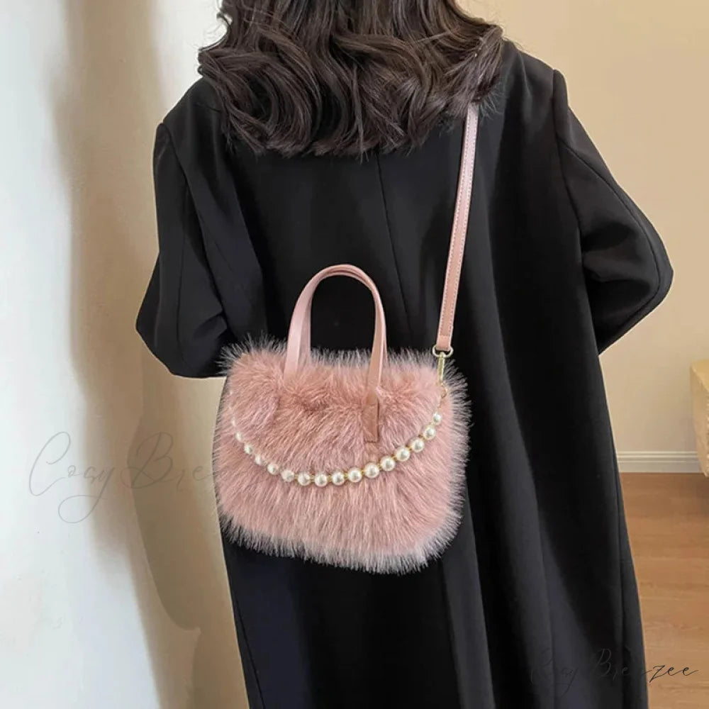 Winter Faux Fur Crossbody Pearl Decor Handbag handbag-250126
