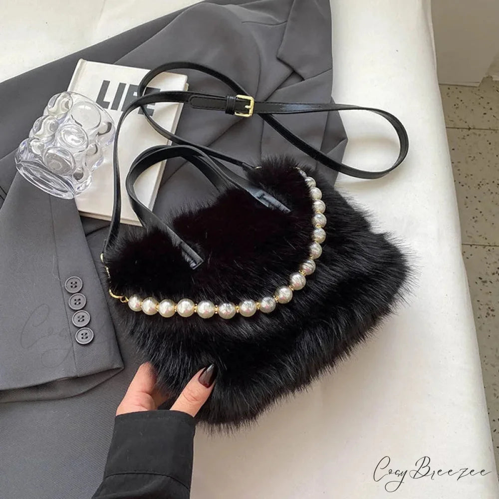 Winter Faux Fur Crossbody Pearl Decor Handbag Black / 22x17x9cm handbag-250126
