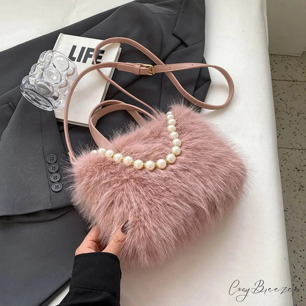 Winter Faux Fur Crossbody Pearl Decor Handbag Pink / 22x17x9cm handbag-250126
