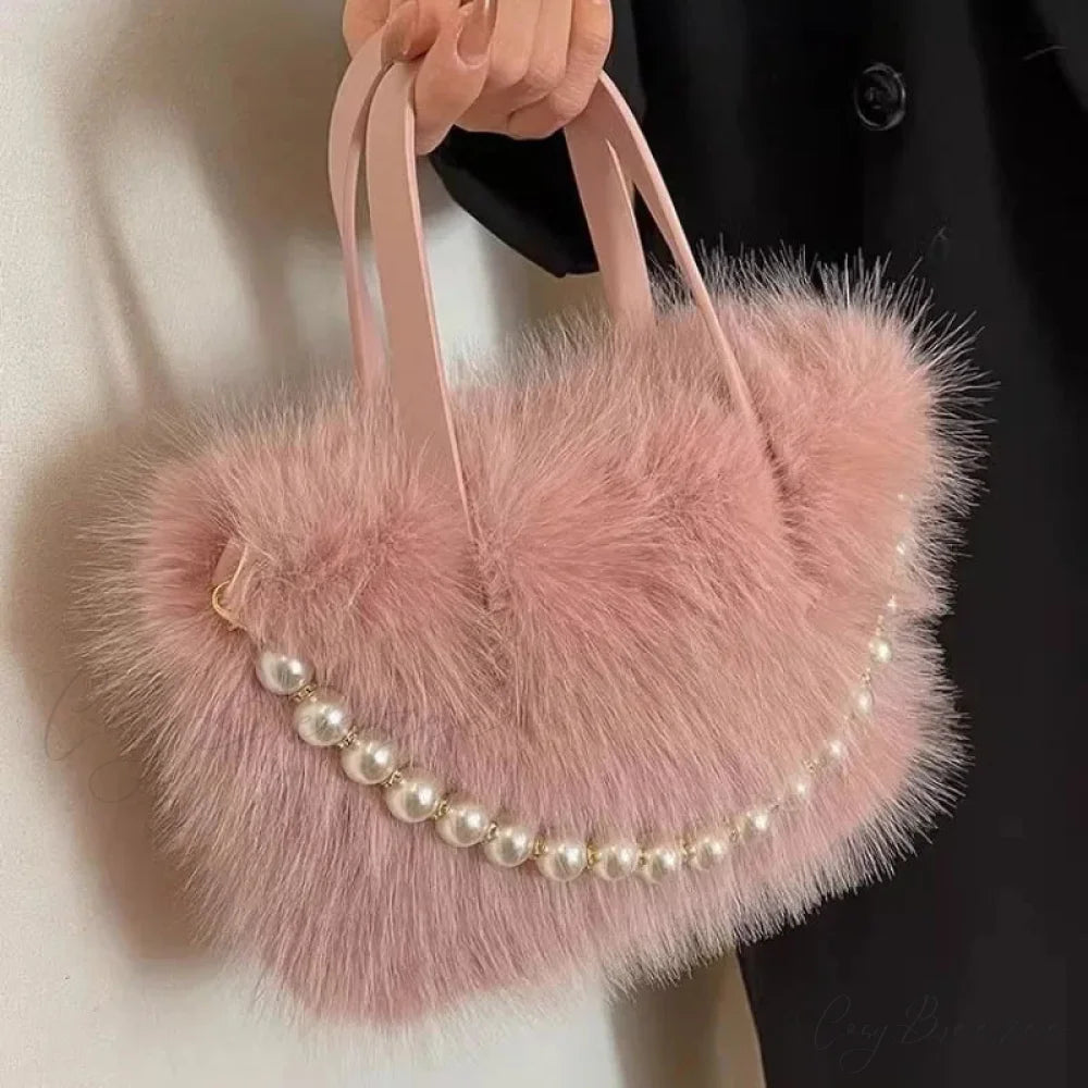 Winter Faux Fur Pearl Chain Crossbody Handbag handbag-250126