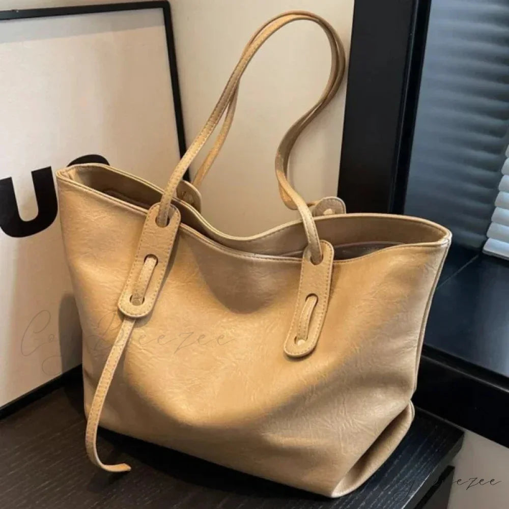 Winter Leather Tote Bag Khaki shoulder-250126