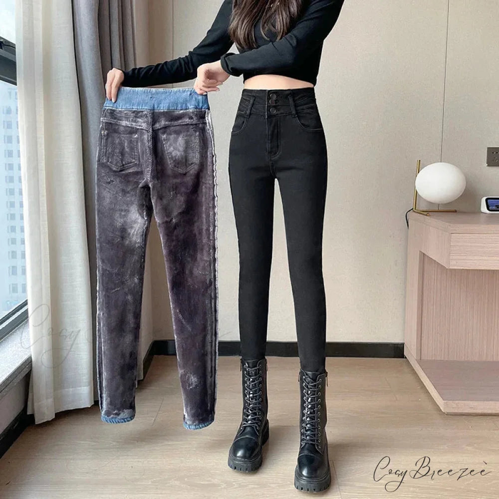 Winter Plus Velvet Warm Women Thickened High Waist Casual Slim Stretch Denim Trousers Skinny Pencil Pants Jean BLACK