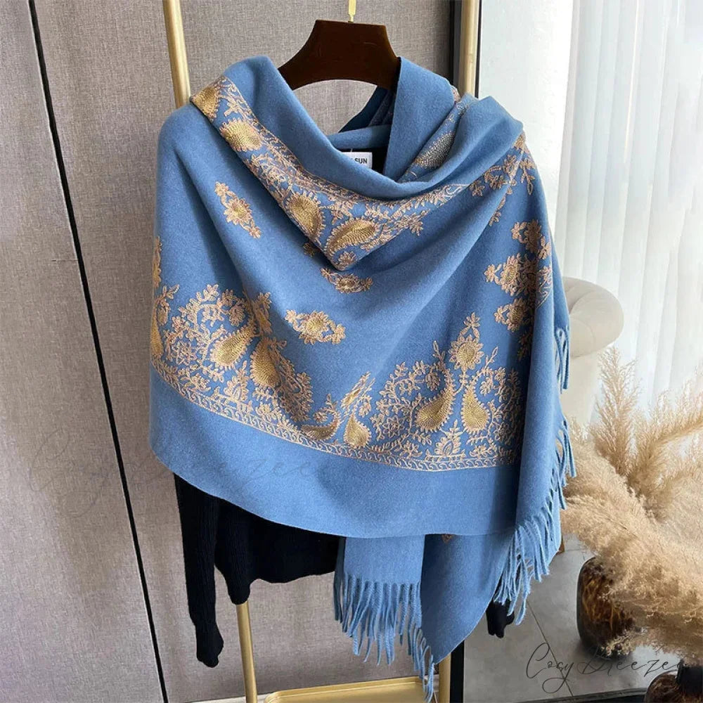 Winter Warm Cashmere Embroidery Scarf blue 1 scarf-241228