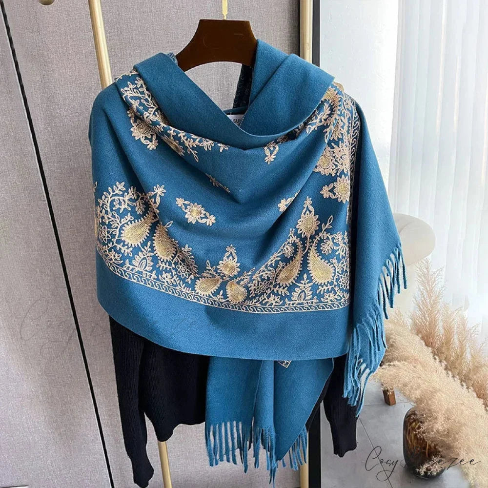 Winter Warm Cashmere Embroidery Scarf blue scarf-241228