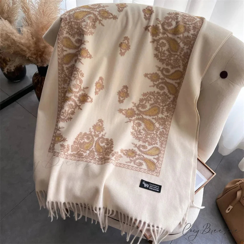Winter Warm Cashmere Embroidery Scarf white scarf-241228