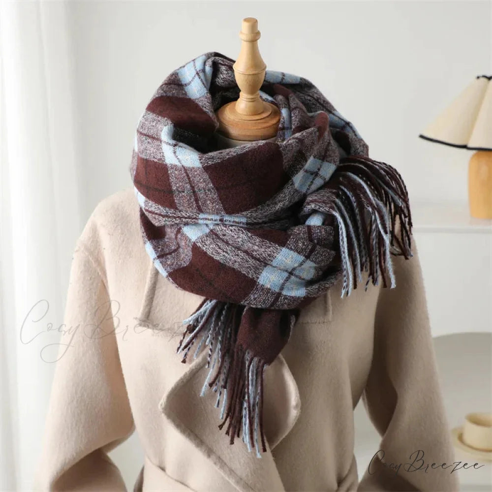 Winter Warm Cashmere-Like Plaid Blanket Wrap Scarf for Women BURGENDY