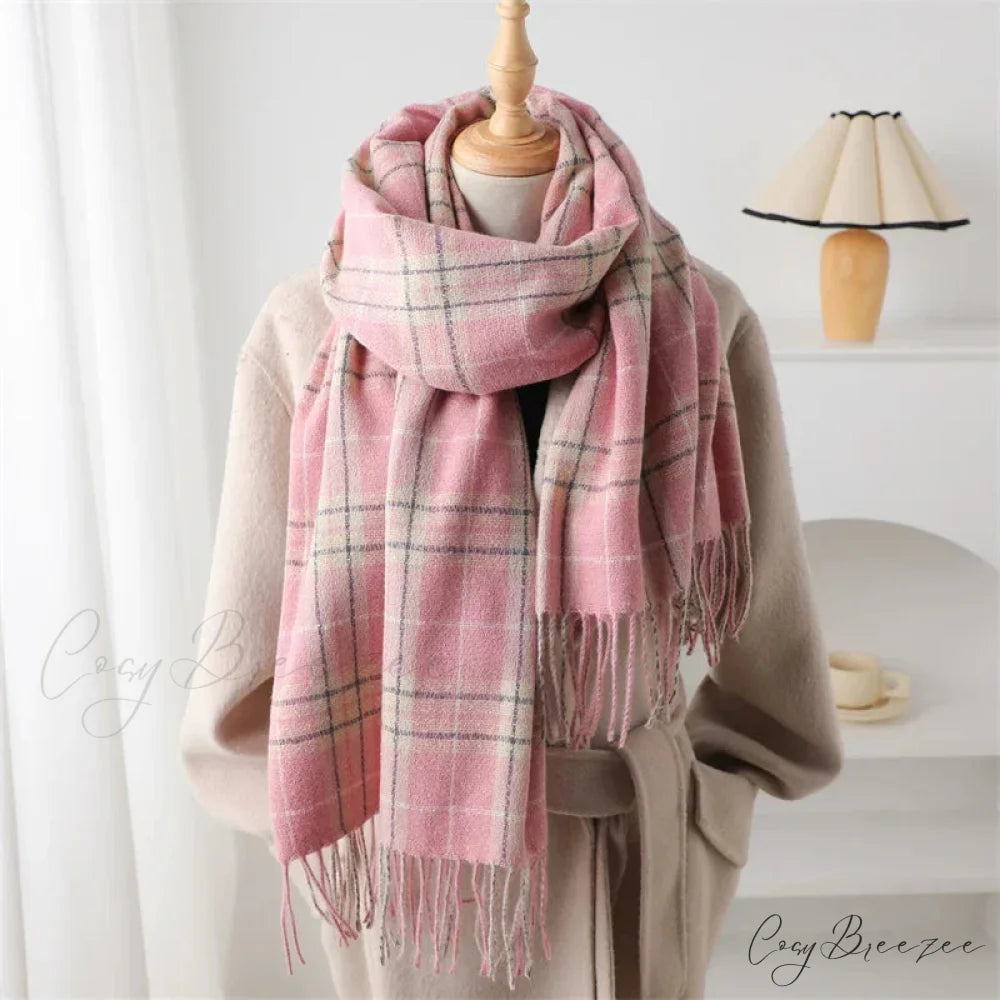 Winter Warm Cashmere-Like Plaid Blanket Wrap Scarf for Women PINK