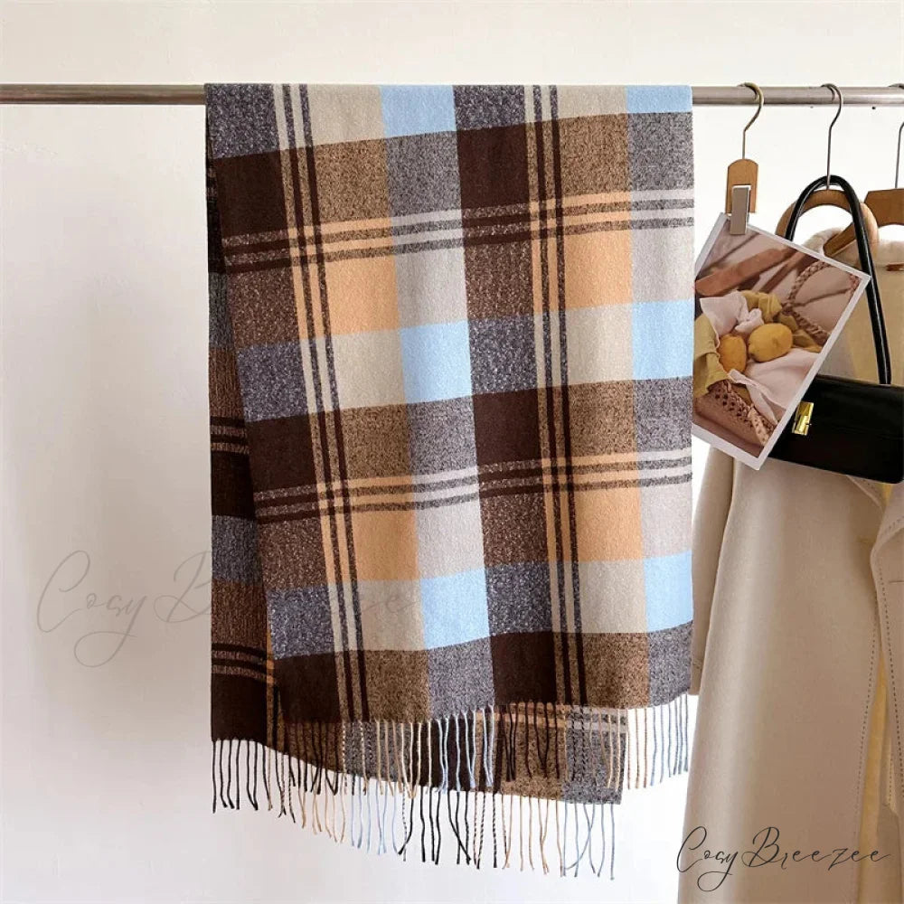 Winter Warm Colorful Cashmere Like Thick Pashmina Tassels Plaid Scarf BROWN-BLUE