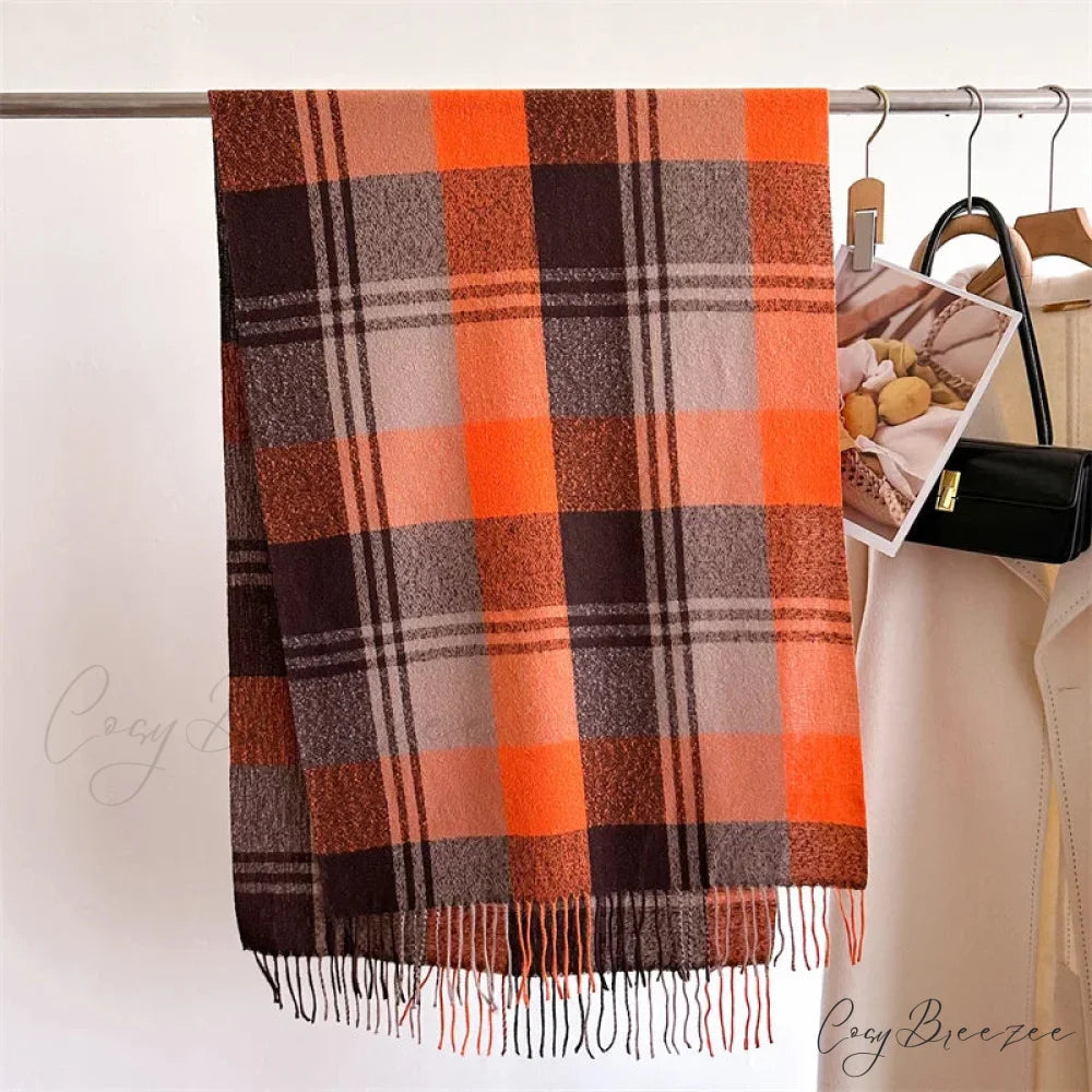 Winter Warm Colorful Cashmere Like Thick Pashmina Tassels Plaid Scarf ORANGE
