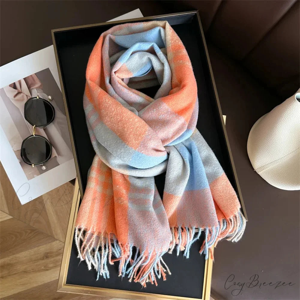 Winter Warm Colorful Cashmere Like Thick Pashmina Tassels Plaid Scarf ORANGE-LIGHT BLUE