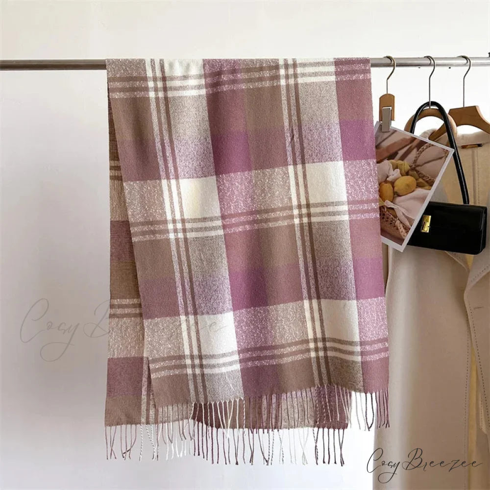 Winter Warm Colorful Cashmere Like Thick Pashmina Tassels Plaid Scarf PURPLE