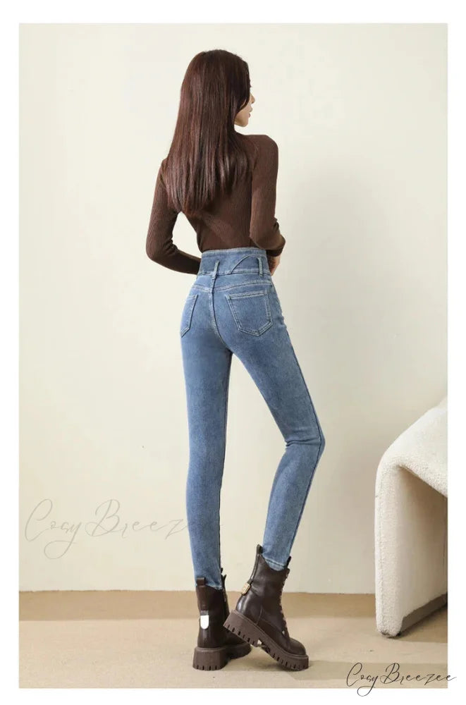 Winter Women Thicken Lamb Fluff High Waist Stretchy Fleece Lined Warm Slim Denim Pencil Pants Jean Blue Grey / 25