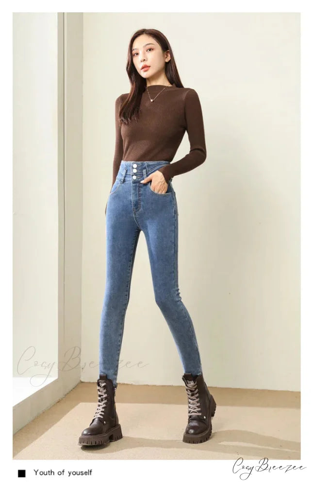 Winter Women Thicken Lamb Fluff High Waist Stretchy Fleece Lined Warm Slim Denim Pencil Pants Jean Retro Blue / 25
